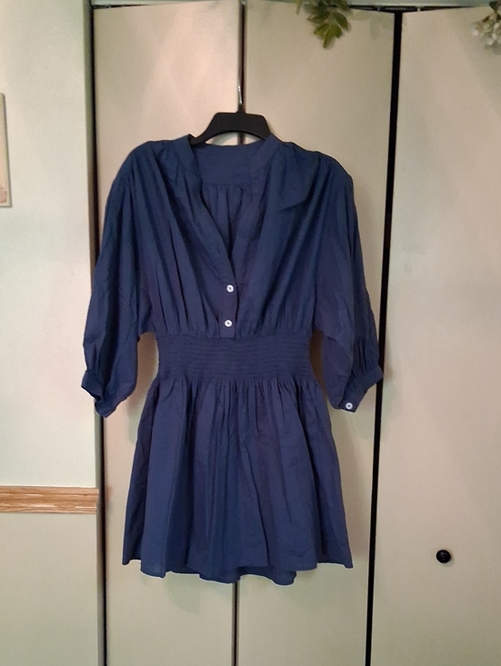 Dresses & Skirts - Women's Navy Blue Smocked Waist Button-Front Mini Dress. Size Medium
